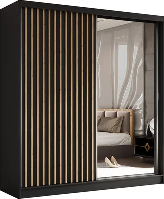Produktbild von Masseno Schiebetürenschrank LAMELLO 200 cm Kleiderschrank Schlafzimmer Schrank 2-türig mit Spiegel und Lamellen Schwarz