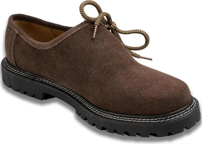 Seitenansicht von Haferl-Schuhe mit Blockabsatz und Gummisohle, aus 100 % dunkelbraunem Veloursleder. Elegantes Design, passend zur traditionellen deutschen Tracht.