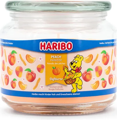 Obrázok produktu pre Vonná sviečka Haribo™ Peach Paradise, aromatická sviečka v sklenenom pohári, 300 g, doba horenia 50 hodín