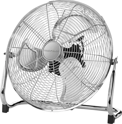 A chrome floor fan is shown against a white background.
