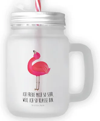 Produktbild von Mr. & Mrs. Panda Trinkglas Flamingo Stolz - Transparent - Geschenk, dessertglas, Tochter, Freundin, glas mit deckel, Becher Strohhalm, Rosa, Cocktailglas, Beste