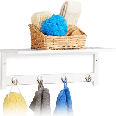Produktbild von Relaxdays Wandregal mit 4 Haken, HxBxT: 17,5 x 50 x 16 cm, Bambus, Handtuchhalter, Wandgarderobe, freischwebend, weiß