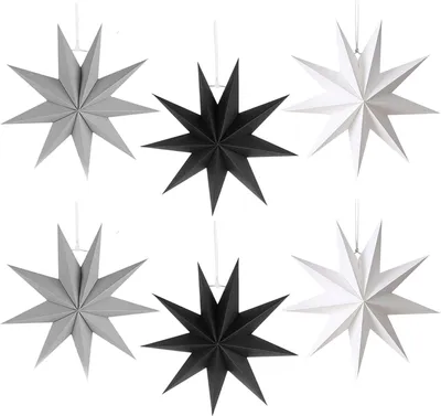 Produktbild von 6 Stück Faltsterne Weihnachten 30 cm Weihnachtssterne Deko Papiersterne 9 Zacken Weihnachtssterne Papiersterne zum Aufhängen für Weihnachtsdeko Hochzeit Fensterdekoration (Schwarz/Grau/Weiß)