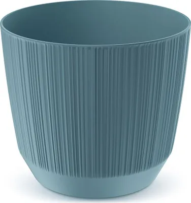 A blue planter pot with a ribbed texture.
