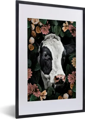 Produktbild von MuchoWow® MuchoWow® Gerahmtes Poster Kuh - Blumen - Blätter 40x60 cm - Poster mit zchwarzem Bilderrahmen - Poster in Rahmen