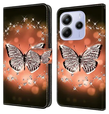 A collage showing a phone case with a butterfly and diamond pattern, displayed in both open and closed positions.