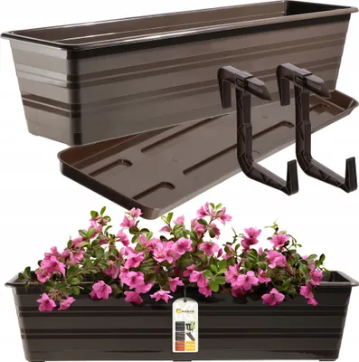 Image de KADAX Jardinière avec soucoupe et support de jardinière "Cati", en plastique, pot de fleurs pour balcon, 60 cm, brun