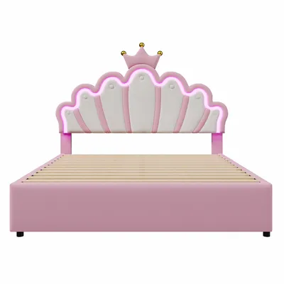 Produktbild von Flieks Polsterbett 140x200cm mit 2 Schubladen, Kinderbett Jugendbett mit Verstellbarem Kopfteil in Kronenform, Doppelbett Holzbett mit LED, PU, Rosa