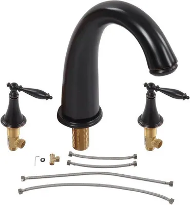 Image de Altein, robinetterie de baignoire à deux poignées - 3 trous, robinetterie de salle de bains entièrement en cuivre (noir, eau chaude et froide)
