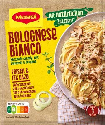 Verpackungsbild Maggi Fix Bolognese Bianco cremig mild gewürzt ideal zu Pasta 38g