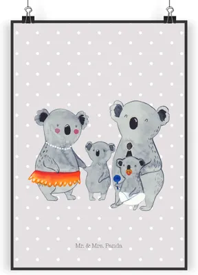 Produktbild von Mr. & Mrs. Panda Bild Koala Familie DIN A4 - Grau Pastell - Geschenk, wanddeko, Wandbild, Plakat, kunstdruck poster, drucke, Muttertag, Kinder, Geschwister, Koalas