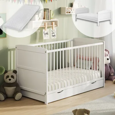 Image de Lit bébé 60x120 transformable avec tiroir & matelas Lit à barreaux Lit d'enfant réglable en hauteur & barreaux amovibles de la naissance à 3 ans, blanc