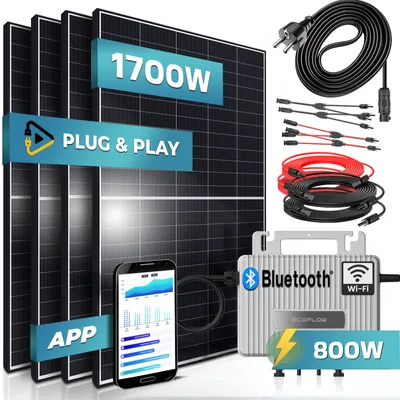 Produktbild von SUNNIVA® 1700W Balkonkraftwerk komplett Steckdose - ECOFLOW 800W Micro Wechselrichter - PV Solaranlage, 4x 425W Solarmodule 5m Kabel Y-Verteiler, WIFI