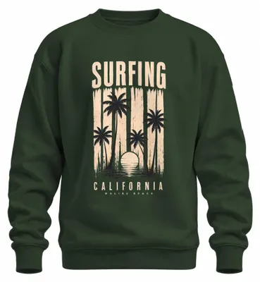 Obrázek produktu pro Retro mikina s potiskem "Surfing California Malibu Beach", vintage design, západ slunce, potisk s motivem surfaře, barva: zelená, velikost: XXL
