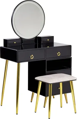 Obrázok produktu pre BELIANI Toaletný stolík čierna a zlatá MDF 6 zásuviek LED zrkadlo stolička nábytok do obývačky glamour dizajn
