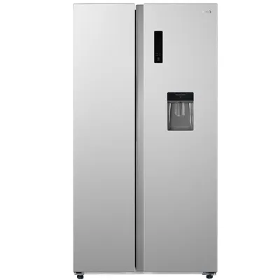 A side-by-side refrigerator with a water dispenser and a digital display.