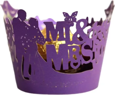 Produktbild von 100 Stück MR & MRS Cupcake Wrappers Artistic Bake Cake Papier Lace Laser Cut Liner Baking Cup Wraps Muffin Case Trays, Candy Sweet Wrapper for Wedding Party Decoration (Violett)