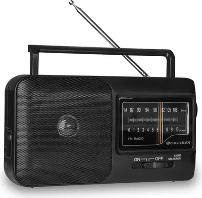 A black portable AM/FM radio with an extended antenna.