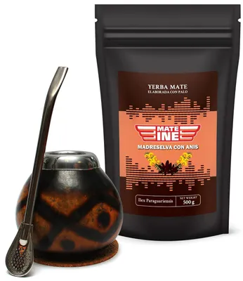 Produktbild von Mateine Mate Tee Set - Paraguayischer Yerba Mate-Tee mit Anis 500g - Mate Tee Tasse Kalebasse - Bombilla