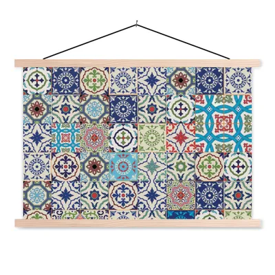 Produktbild von MuchoWow® Textilposter Blumen - Muster - Grün - Blau 60x40 cm mit holzfarbenen Rahmen - Bilder