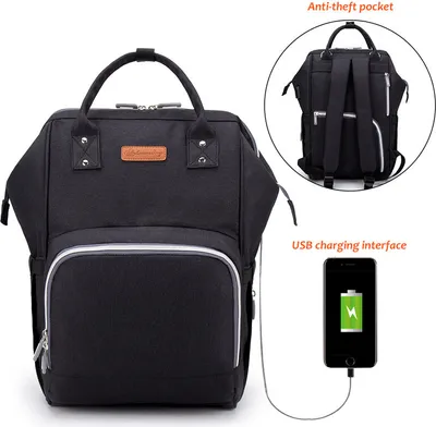 Produktbild von Wasserdichtes Stilvolles Multifunktions-Reisegepäck mit großer Kapazität, Mutterschafts-Babywindel-Wickeltaschen mit USB-Ladeanschluss -Schwarz