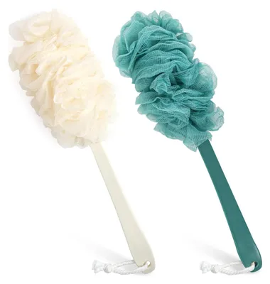 Produktbild von 2er-Pack Rückenbürste für die Dusche, Luffaschwamm-Duschbürste mit langem Griff zum Körperpeeling, Luffaschwamm am Stiel für Männer und Frauen, Badeaccessoires für Körperbürsten (Blau und Weiß)