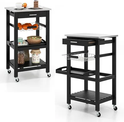 Imagen del producto de Carro de servicio con encimera de acero inoxidable, carro de cocina pequeño, carro con ruedas con cajón y estantes, estantería para cocina, carro para cocina y comedor ()
