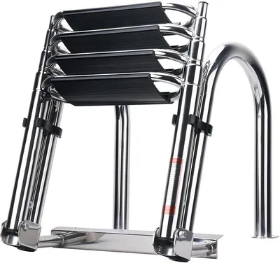 Produktbild von Schwimmleiter, 4 Stufen – Faltbare Pontonleiter aus Edelstahl – Marine-Einstieg – Teleskopleiter mit breitem Schwimmdeck – Pedal-Handläufe. Tragfähigkeit: 300 kg