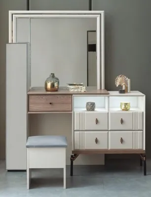 Obrázok produktu pre Biely toaletný stolík Sklenené zrkadlo Luxusná stolička Moderný nábytok