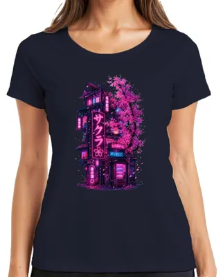 Productafbeelding van Sakura Cyberpunk Tokio Neon Japan Kersenbloesem Retro Y2K Anime Roze Dames T-shirt, Marineblauw, Maat S