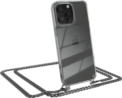 Produktbild von EAZY CASE Metall Handykette für Apple iPhone 14 Pro Max, Handyhülle mit Umhängeband, Silikonhülle, Metallkette für Smartphone in Grau