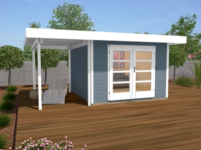Produktbild von Gartenhaus weka Designhaus 126 A Gr.2 mit Fußboden und seitlicher Überdachung 500 x 315 cm hellgrau