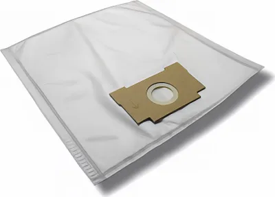 A white vacuum cleaner bag with a brown cardboard attachment is shown on a white background.