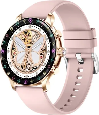 A pink smartwatch with a butterfly design on the face, displayed against a white background.