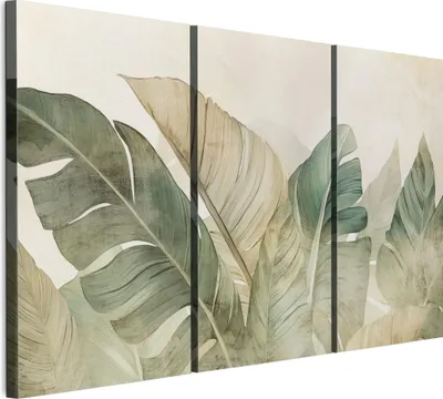 Produktbild von LUMASOUL Leinwand Bilder 120x80 cm, Leinwandbild Blätter Motiv, Wandbilder Holzrahmen und Webstuhl Wohnzimmer und Schlafzimmer, 3 teilig