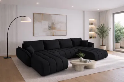 Image de Canapé d'angle avec fonction sommeil et coffre de lit TOKYO U PREMIUM, tissu WIND, noir