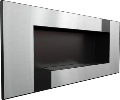 A modern, wall-mounted bioethanol fireplace with a brushed silver and black frame.
