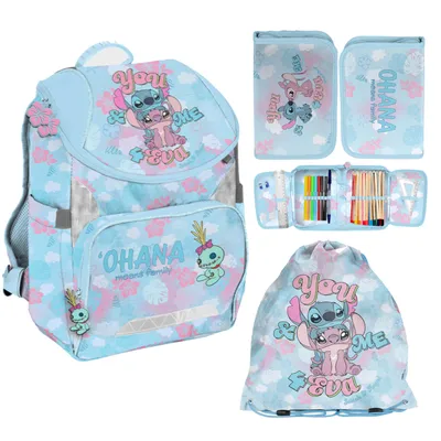 Produktbild von Rucksack für Kinder Schulranzen Lilo und Stitch 1-3 Klasse Set Mädchen ergonomischer Ranzen Federmappe Grundschule 3-er Set