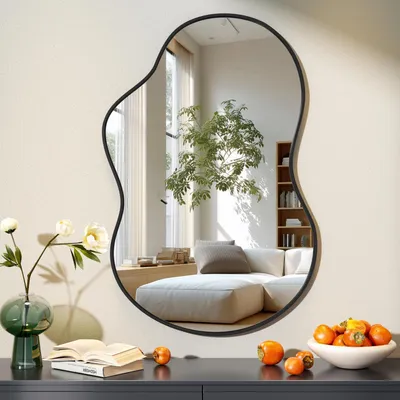Zdjęcie produktu dla Lustro asymetryczne o wymiarach 60 x 90 cm z czarną ramą, idealne do salonu, sypialni lub łazienki