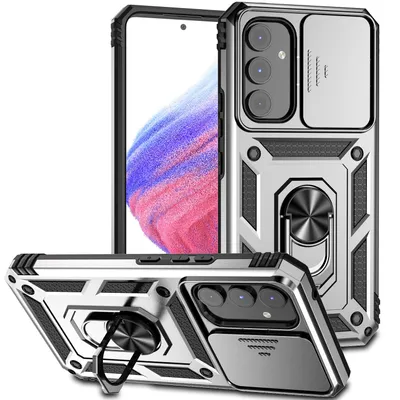 Immagine prodotto di Custodia per Samsung Galaxy A54 a doppio strato con copertura fotocamera scorrevole e supporto ad anello Argento