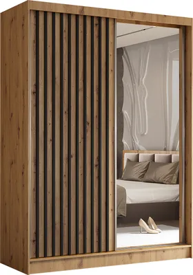 Produktbild von Masseno Schiebetürenschrank LAMELLO 160 cm Kleiderschrank Schlafzimmer Schrank 2-türig mit Spiegel und Lamellen Eiche Artisan