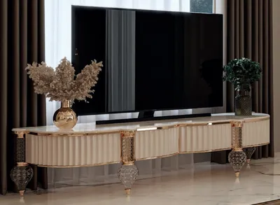 Produktbild von Casa Padrino Luxus Art Deco TV Schrank Weiß / Grau / Gold 246 x 60 x H. 56 cm - Massivholz Sideboard mit edler Kunstmarmor Platte - Art Deco Wohnzimmer Möbel - Luxus Wohnzimmer Möbel