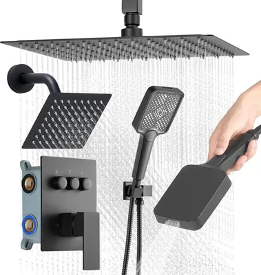 Produktbild von Duschsystem-Set - Regendusche - 30 cm Kopfbrause - 15 cm Wandduschkopf - 4-in-1 Handbrause - Doppelregenkopf (3 Funktionen) - Messingventil & Verkleidungssatz - Mattschwarz