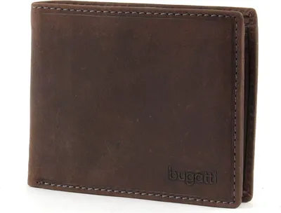 A brown leather wallet with the brand name 'bugatti' embossed on the front.