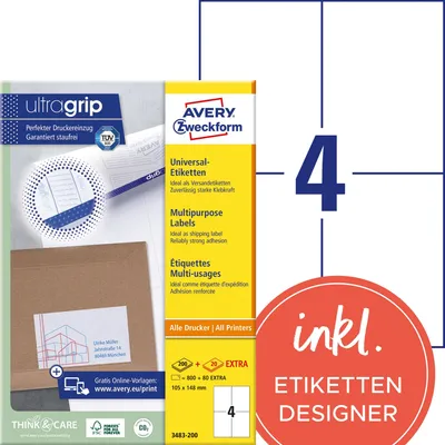 Image de Avery Zweckform Universal - Étiquettes papier autocollantes permanentes - blanc - 105 x 148 mm - 800 étiquette(s) (200 feuilles x 4) (3483-200)