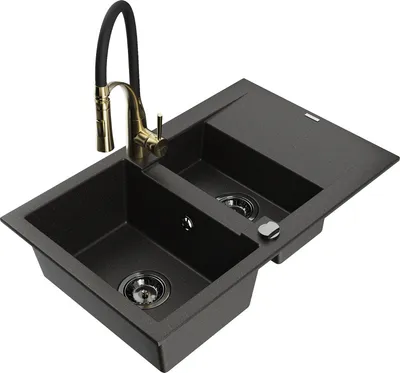 Produktbild von Mexen Gaspar 1,5-Becken-Granitspüle mit Abtropffläche und Mischbatterie Aster, Schwarz/Gold metallisch - 6507-75-73450-57-B