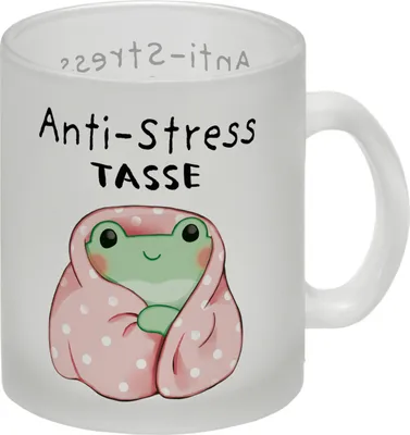 Produktbild von Frosch in rosa Decke mit Spruch Anti-Stress Tasse