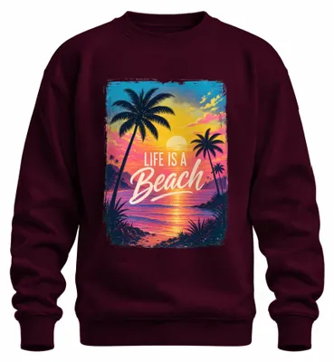 Obrázok produktu pre Tričko s potlačou "Life Is A Beach", motív: západ slnka, palmy, more, dovolenka, leto. Farba: bordová. Veľkosť: L