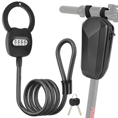 Obrázok produktu pre Zámok na elektrickú kolobežku s číselným kódovým zámkom, 150 cm kábel, odolnosť proti rezaniu 12 mm, s taškou 4L, čierna farba