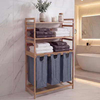 Image de Panier à linge en bambou HWC-P78, panier à linge avec compartiments, étagère, organiseur de linge, 3 étagères, dimensions : 125 x 80 x 40 cm, capacité : 135 L ~ gris